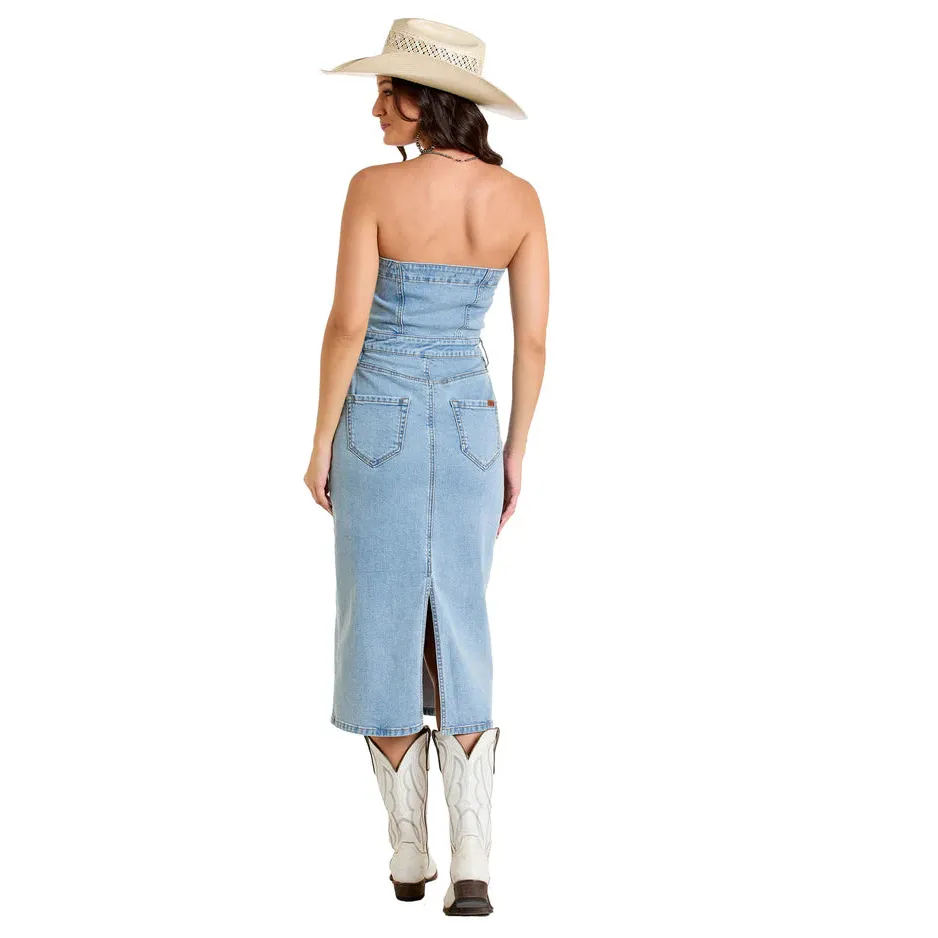 Rock & Roll Women's Detachable Strap Denim Midi Dress-Blue - Image 2