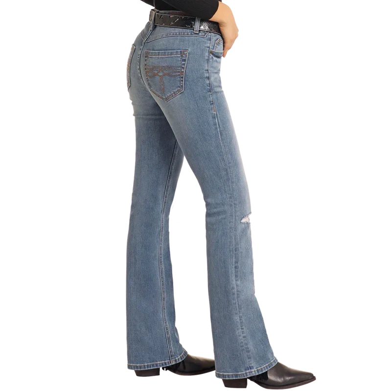 Rock & Roll Women's Distressed Mid Rise Bootcut Jean - Medium Wash - Image 3