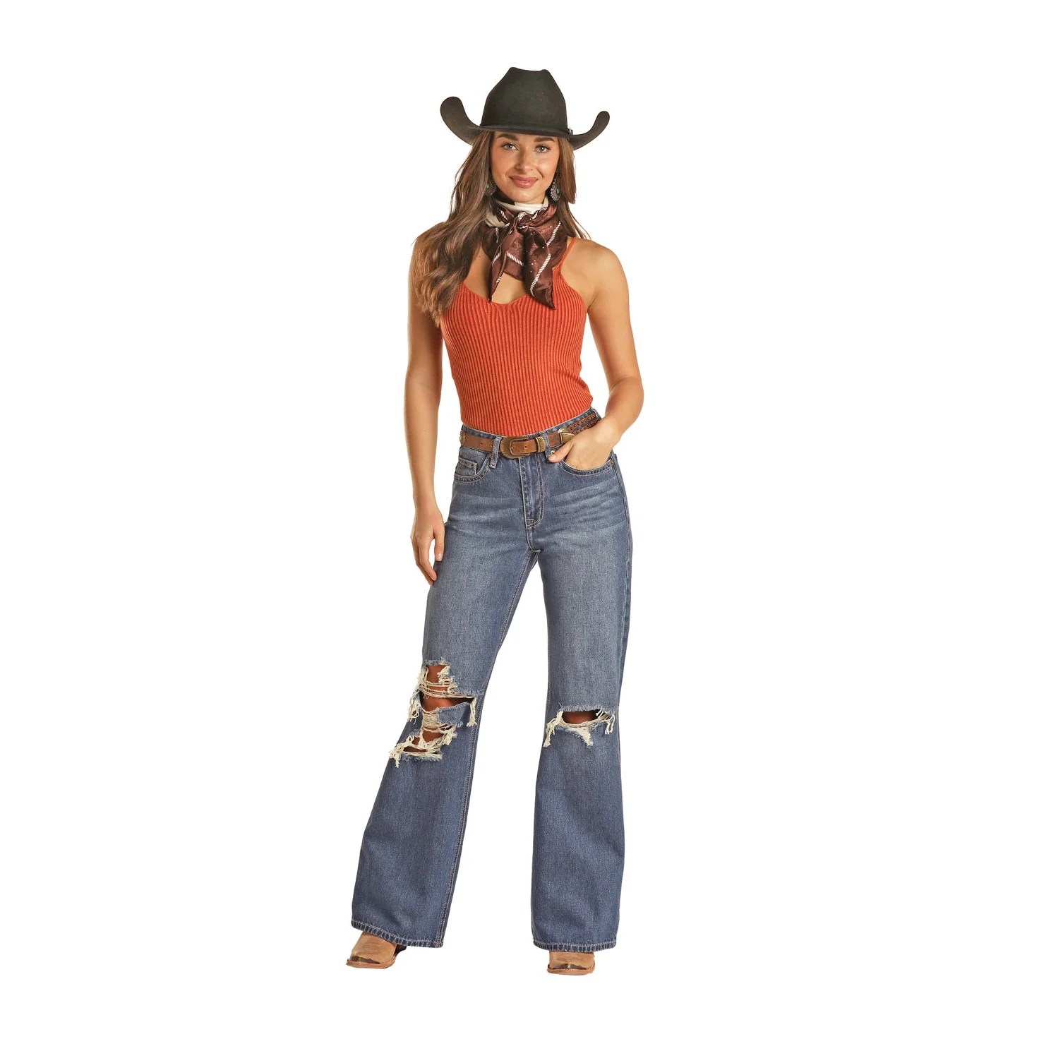 Rock & Roll Women's Distressed Wide Leg Jeans - Medium Wash