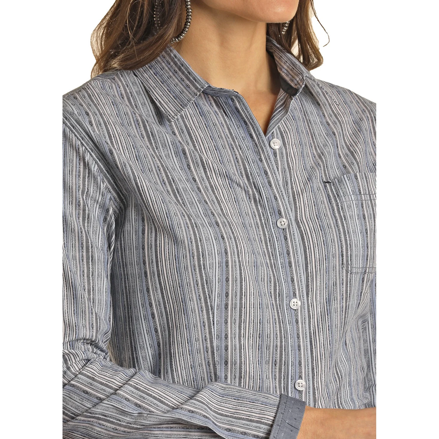 Rock & Roll Women's Dobby Stripe Long Sleeve Button-Down Shirt - Light Navy - Image 2