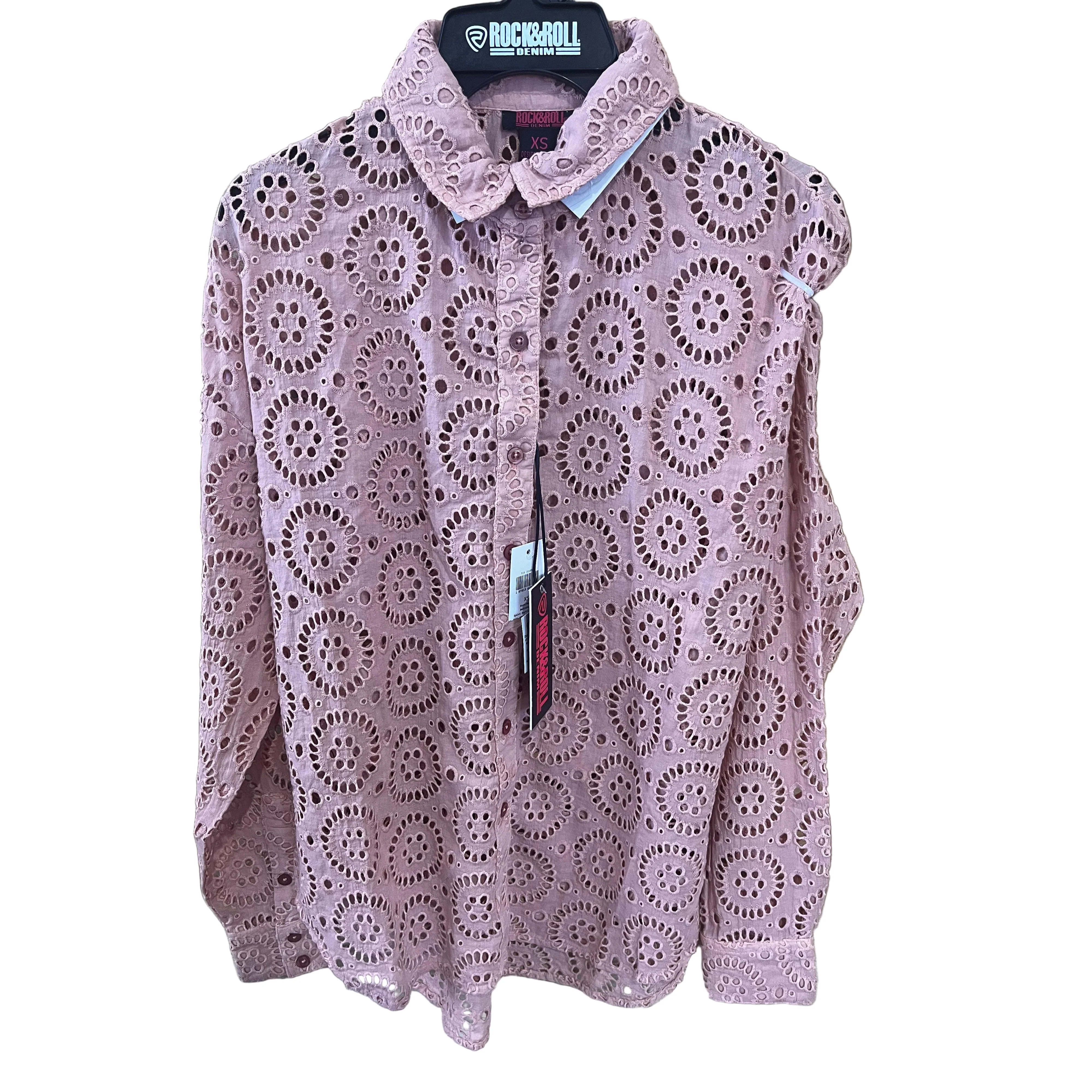 Rock & Roll Women's Long Sleeve  Eyelet Boyfriend Shirt- Rose/Mauve