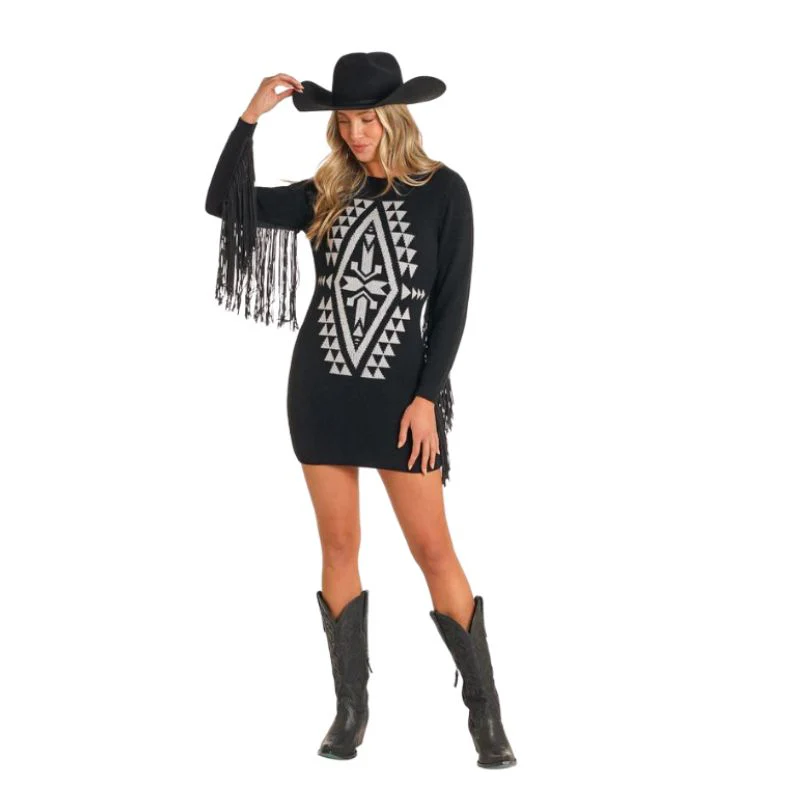 Rock & Roll Women's Aztec Sweater Dress with Fringe - Black - Image 3