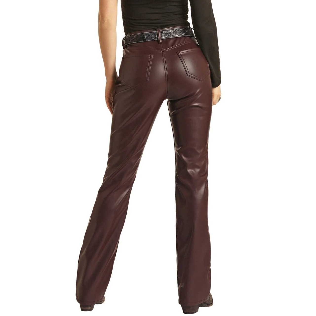 Rock & Roll Women's High Rise Stretch Pleather Bootcut Jeans - Wine - Image 3