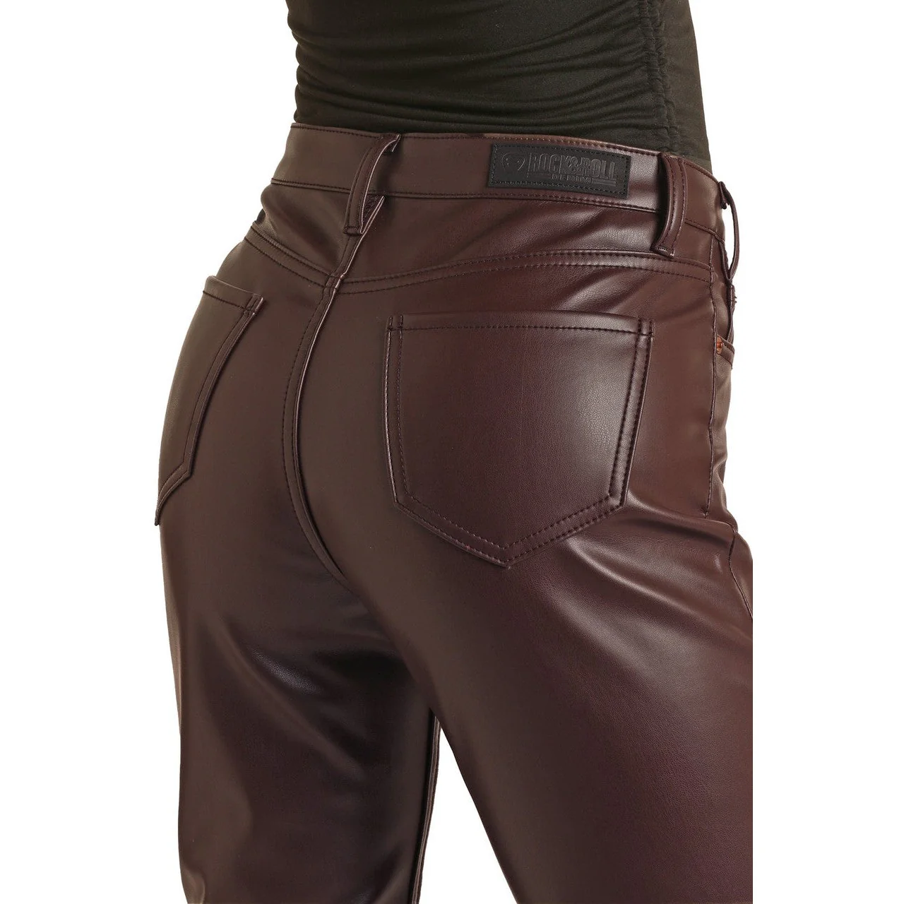 Rock & Roll Women's High Rise Stretch Pleather Bootcut Jeans - Wine - Image 4