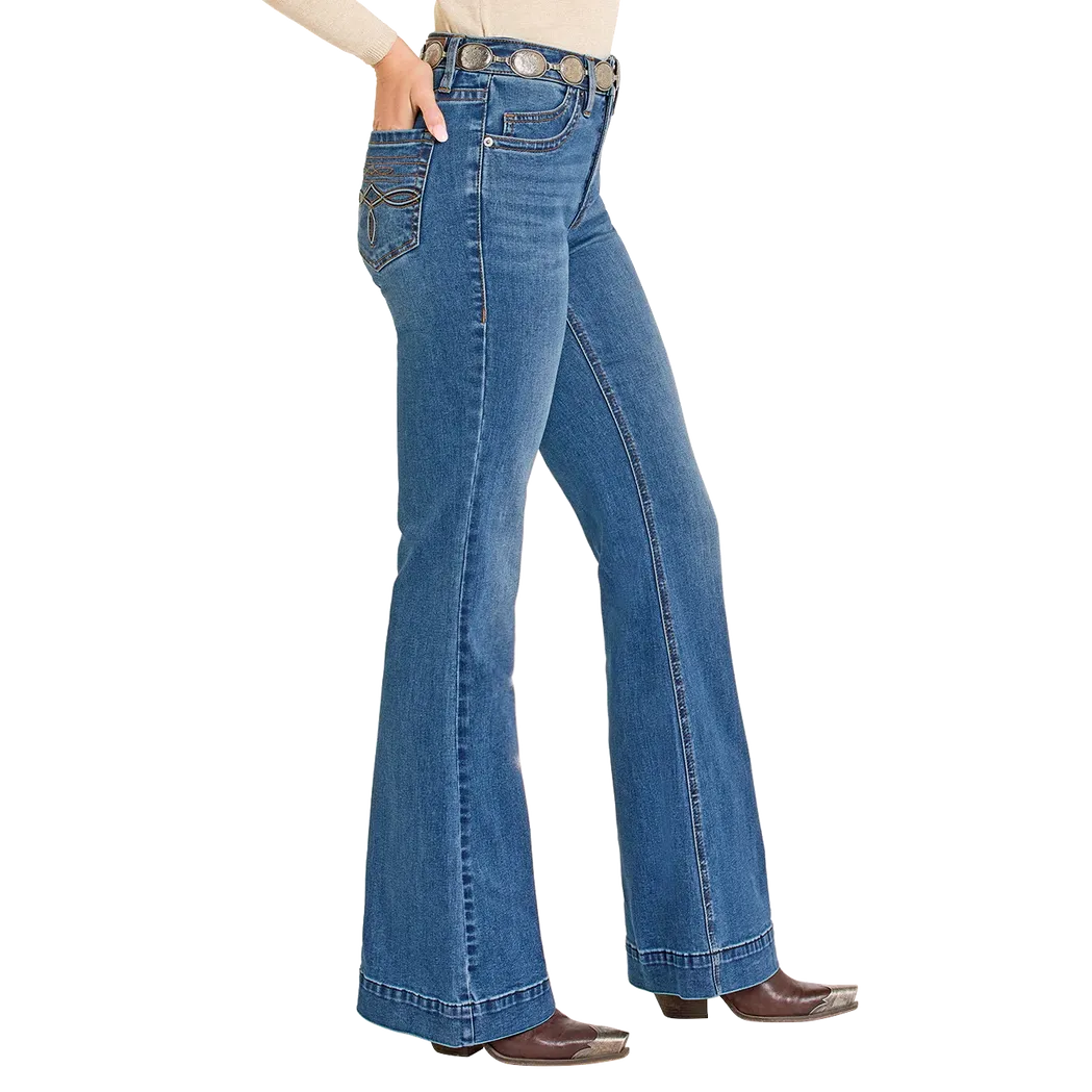 Rock & Roll Women's High Rise Raised Boot Stitch Trouser - Medium Wash - Image 3
