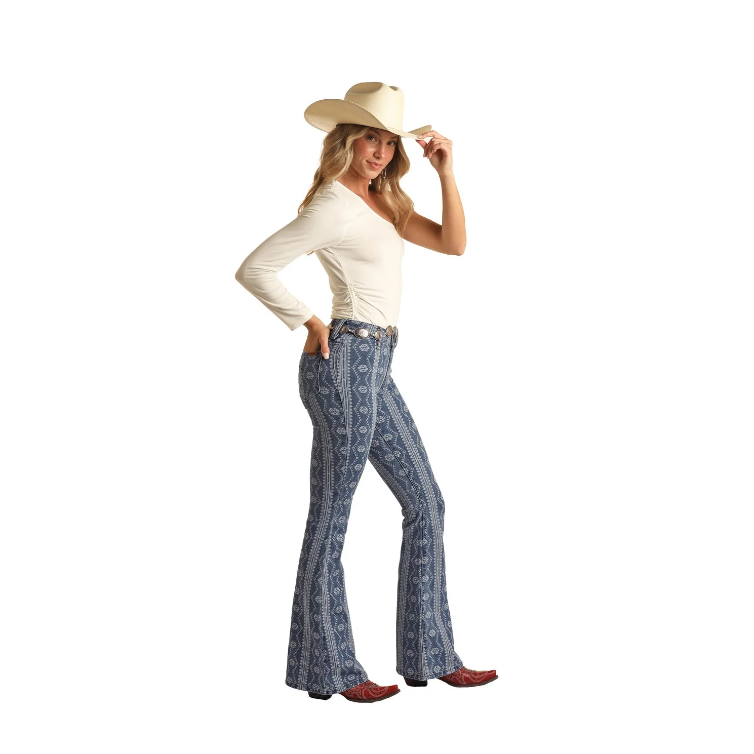 Rock & Roll Women's Indigo Aztec Button Flare Jeans - Medium Wash - Image 3