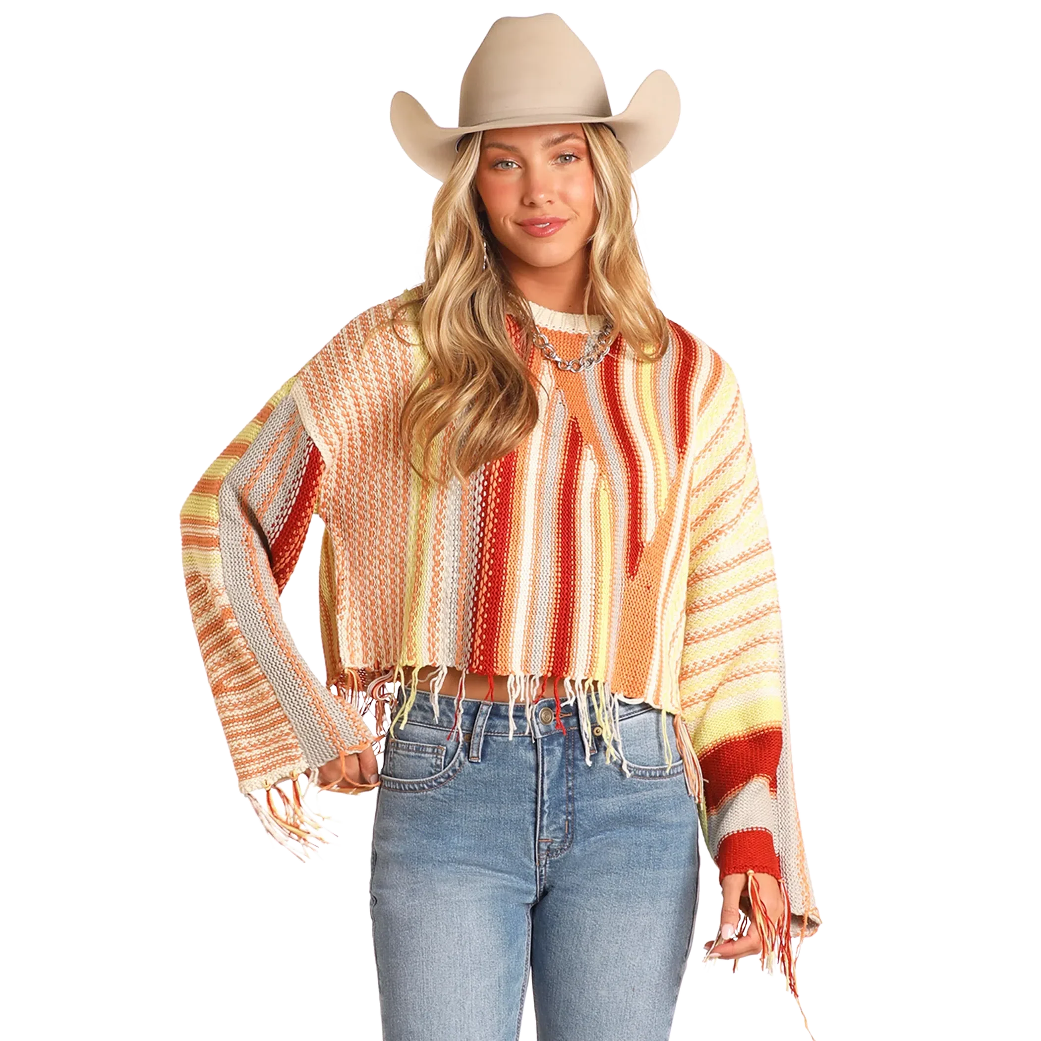 Rock & Roll Women's Long Sleeve Abstract Striped Sweater - Orange