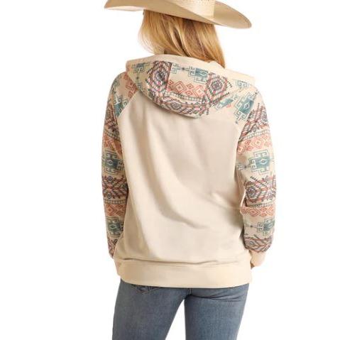Rock & Roll Women's Long Sleeve Contrast Sleeve Hoodie - Natural - Image 2
