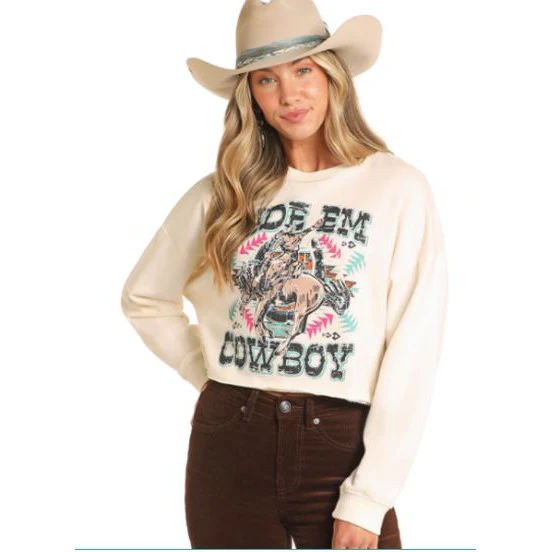 Rock &  Roll   Women's Long Sleeve Ride Em Boxy Pullover - Cream - Image 3