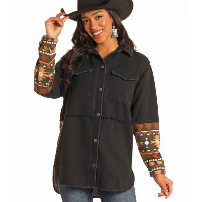 Rock & Roll Women's Long Sleeve Shacket with Hood-Black