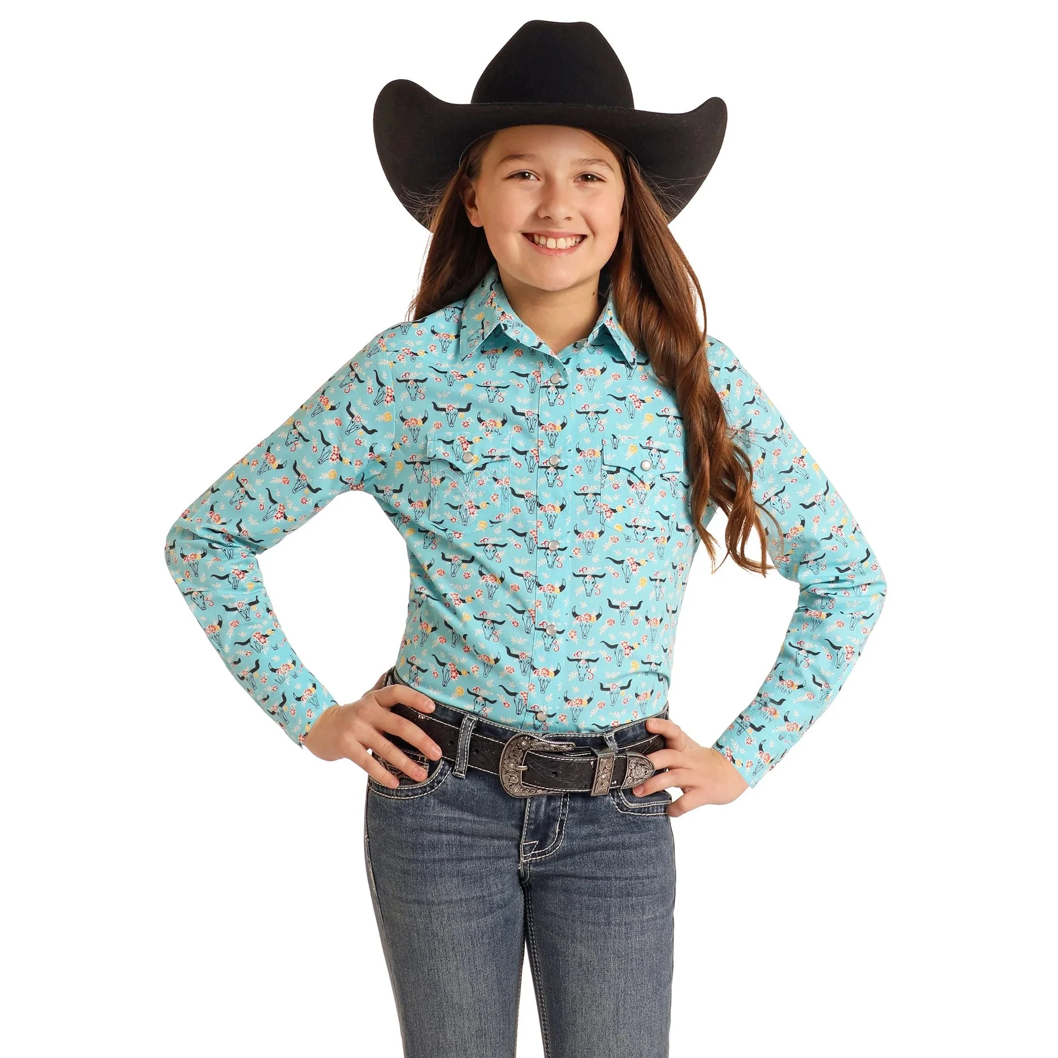 White Label Girl's Long Sleeve Print Snap Shirt - Bright Turquoise