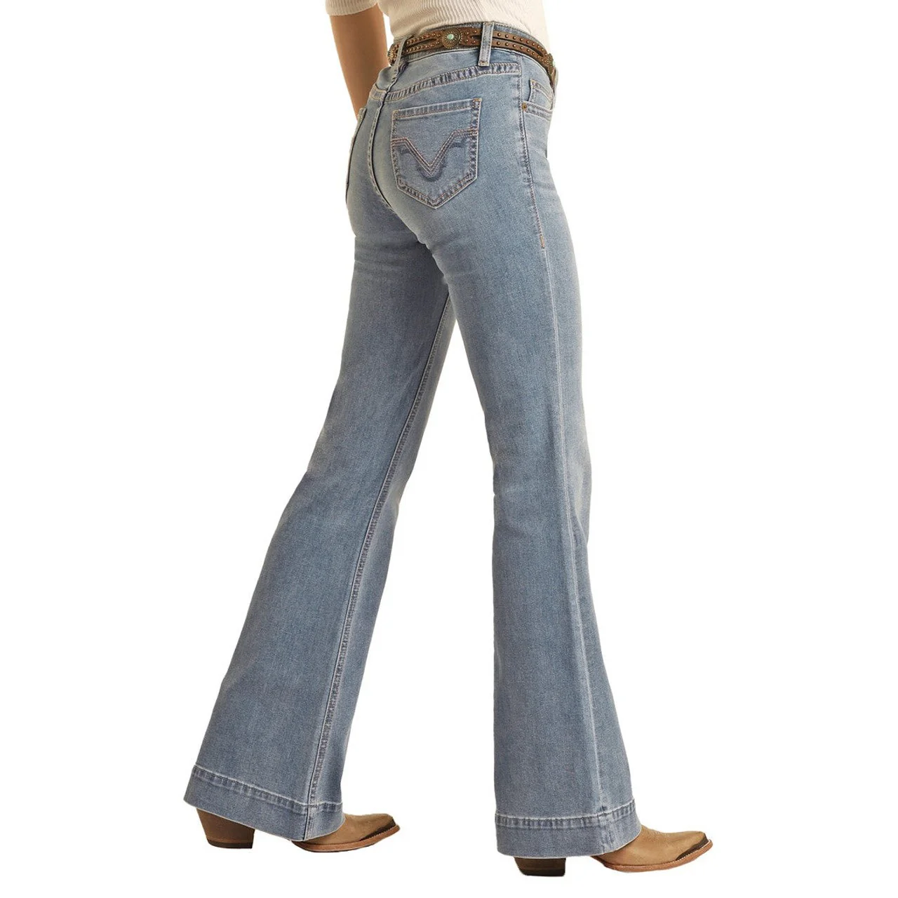 Rock & Roll Women's Mid Rise Relaxed Fit Trouser Jeans - Light Wash - Image 3