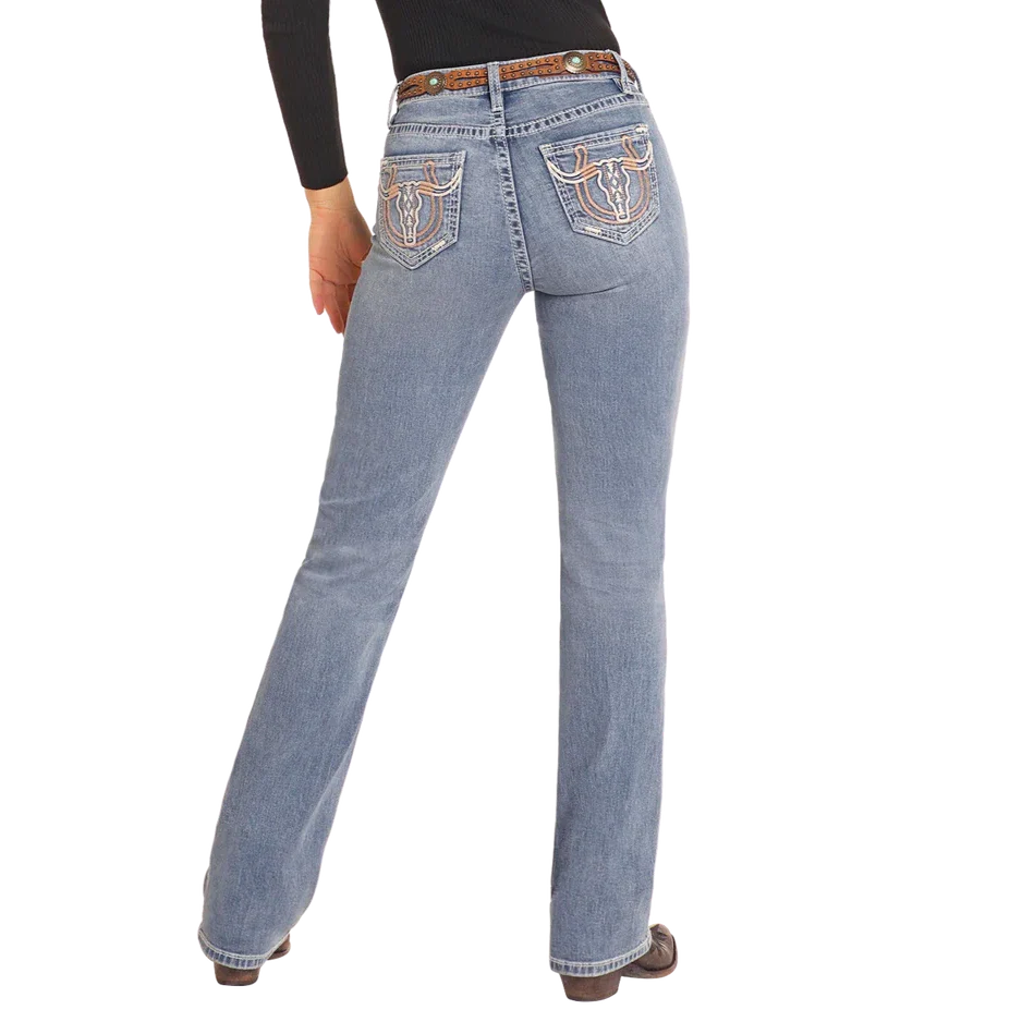Rock & Roll Women's Mid Rise Steer Embroidered Boot Cut Jeans- Medium Wash - Image 2