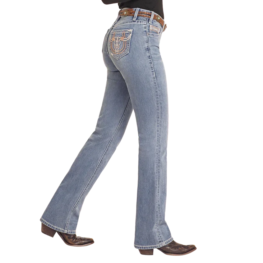 Rock & Roll Women's Mid Rise Steer Embroidered Boot Cut Jeans- Medium Wash - Image 3