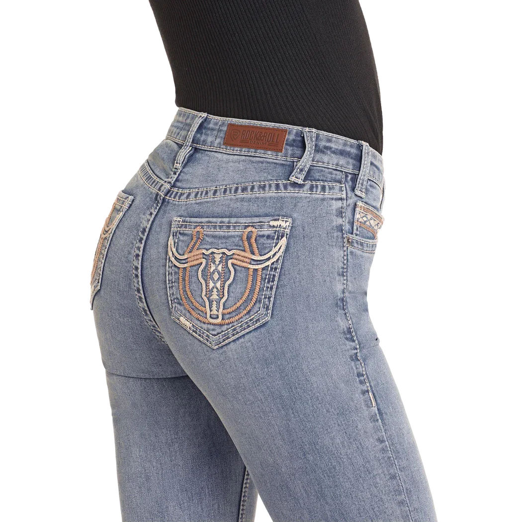 Rock & Roll Women's Mid Rise Steer Embroidered Boot Cut Jeans- Medium Wash - Image 4