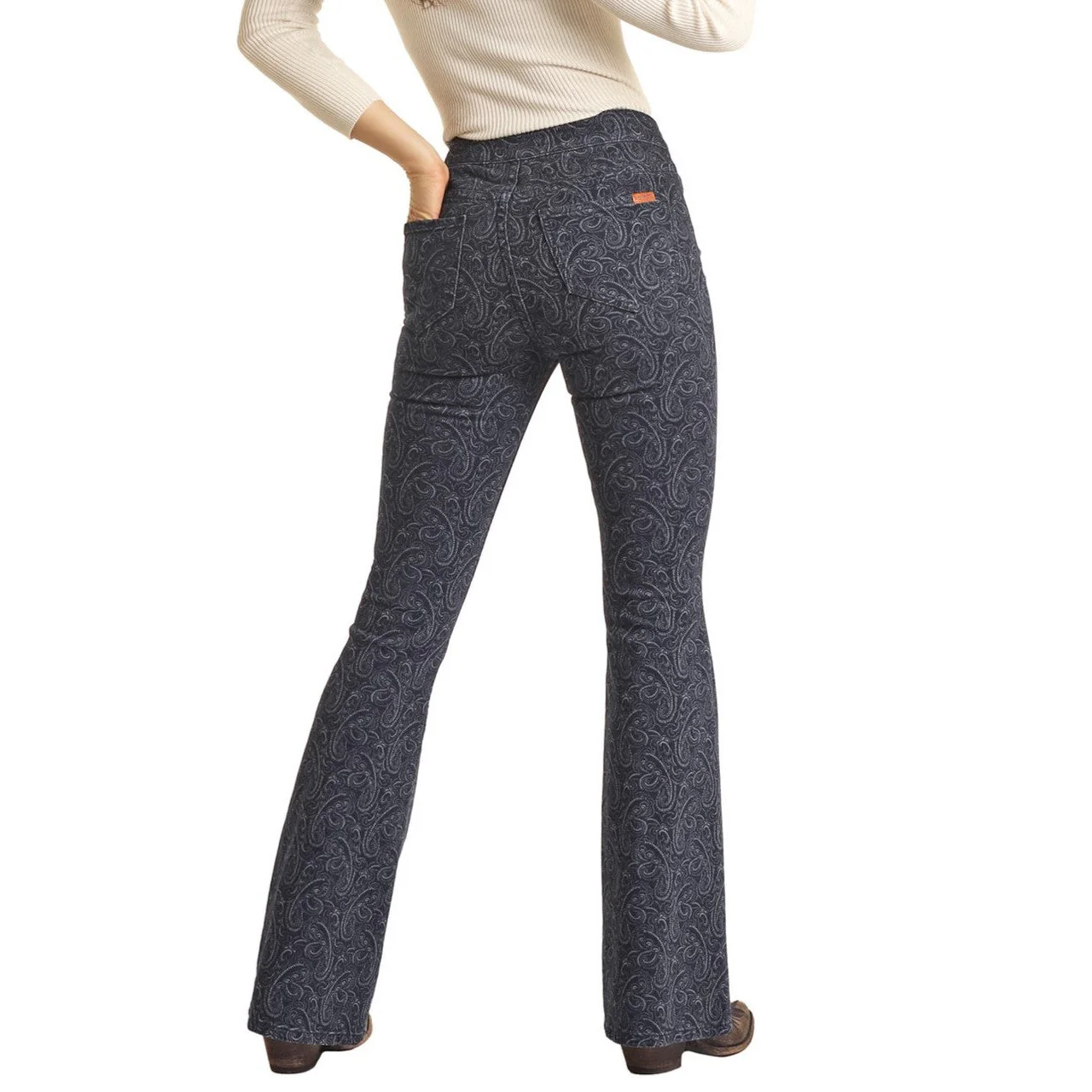 Rock & Roll Women's Paisley Print Button Flare Jeans - Dark Wash - Image 3