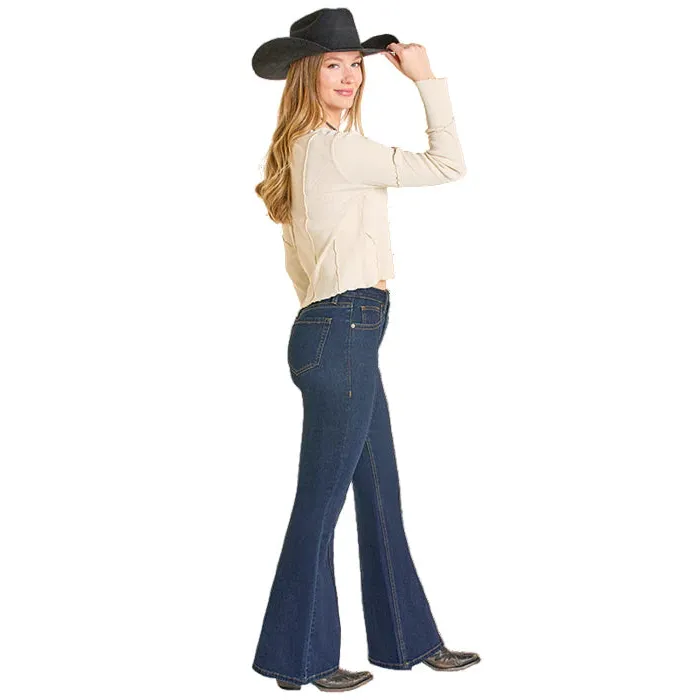 Rock & Roll Women's Pin Tuck Flare High Rise Jeans - Dark Vintage - Image 3