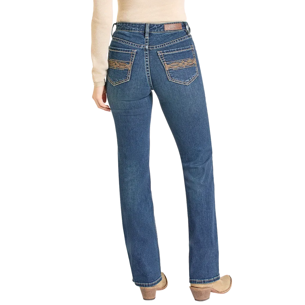 Rock & Roll Women's Pleather Embroidered Mid Rise Boot Cut Jeans - Dark Wash - Image 2