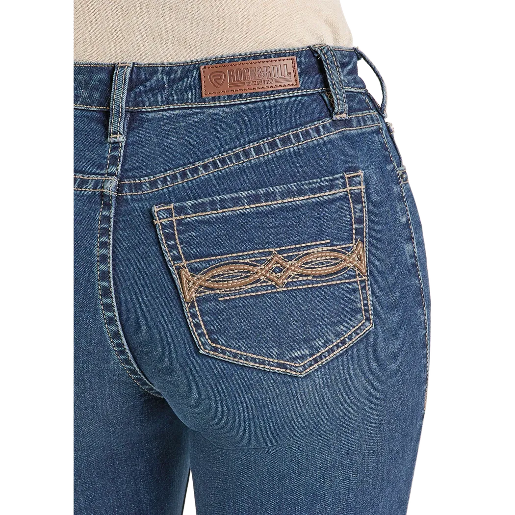 Rock & Roll Women's Pleather Embroidered Mid Rise Boot Cut Jeans - Dark Wash - Image 3