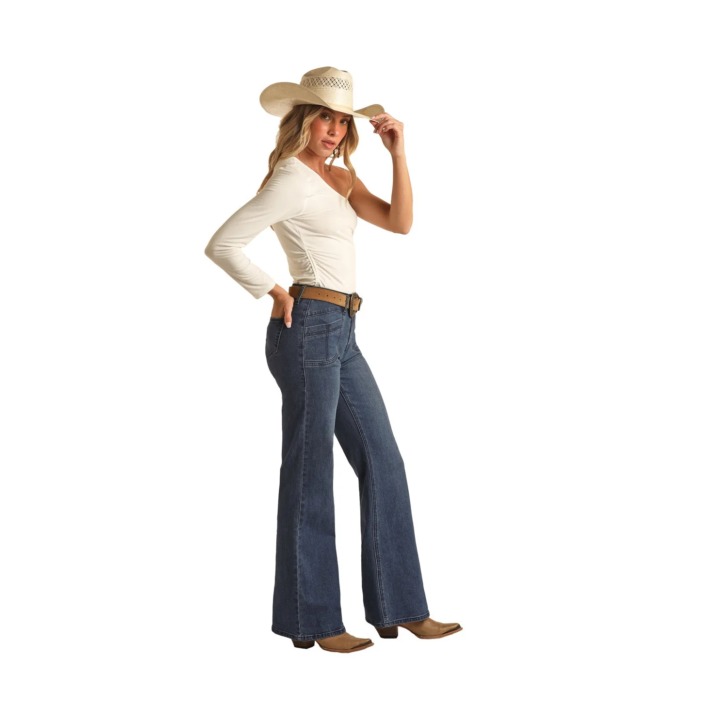 Rock & Roll Women's Pocket Detail Wide Leg Jeans - Medium Wash - Image 3