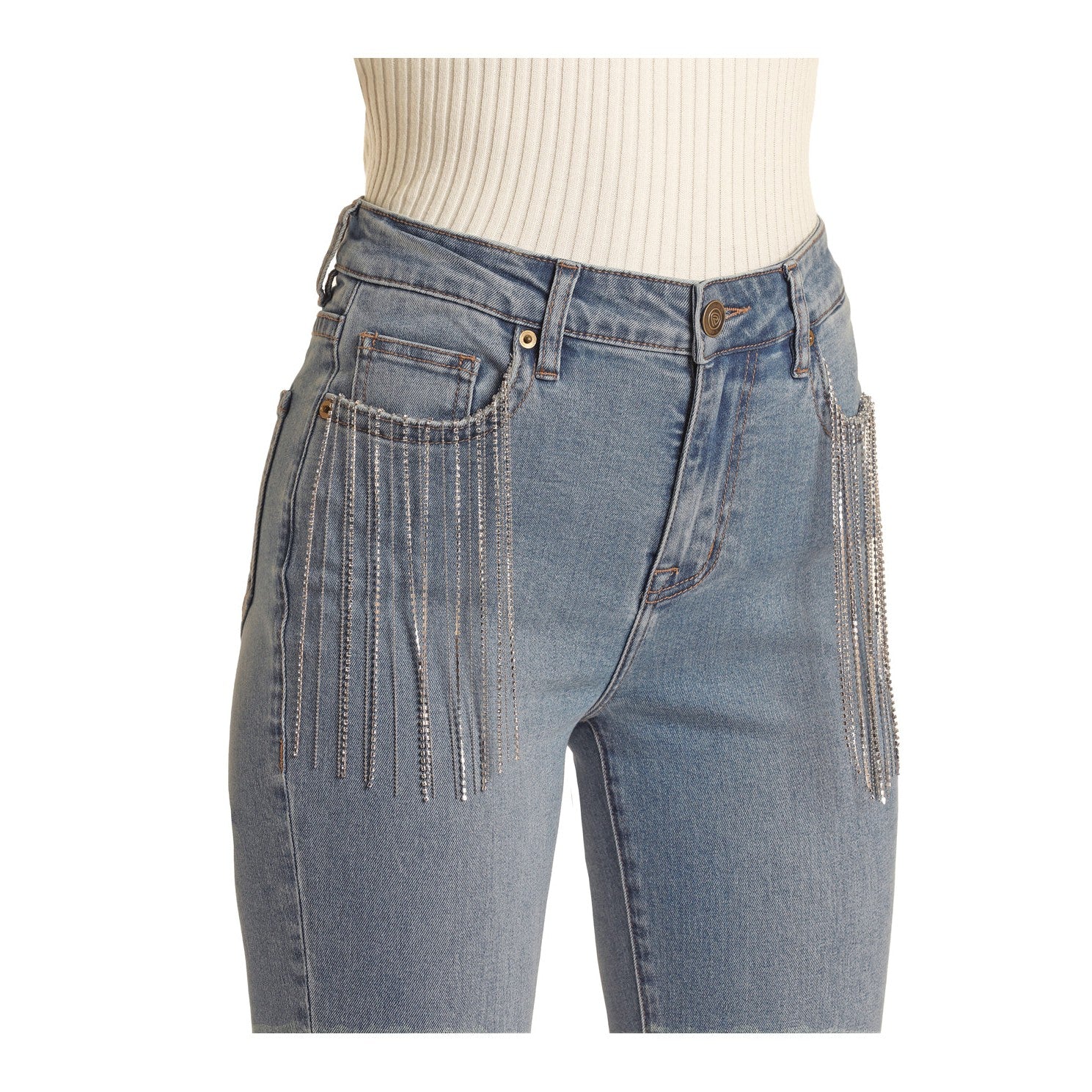 Rock & Roll Women's Pocket Fringe High Rise Flare Jeans - Light Wash - Image 4