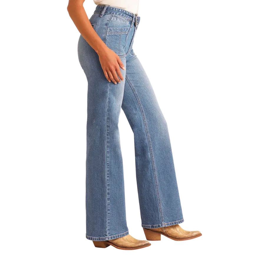 Rock & Roll Women's Relaxed Belted Flare Jean- Medium Wash - Image 3