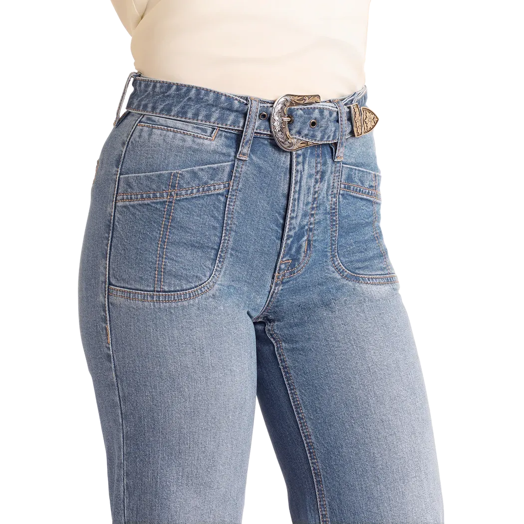 Rock & Roll Women's Relaxed Belted Flare Jean- Medium Wash - Image 4