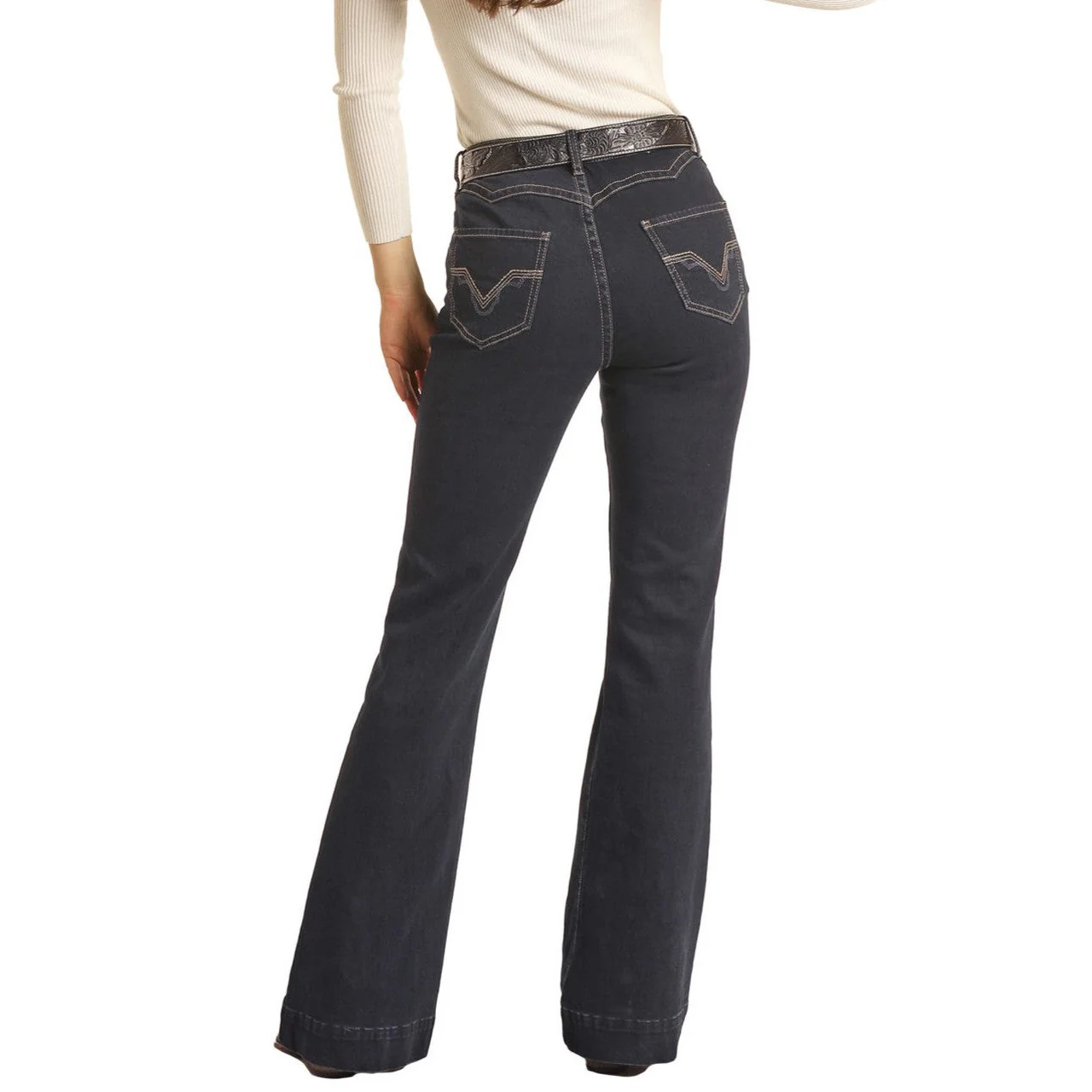 Rock & Roll Women's Mid Rise Stretch Scallop Back Yoke Trouser Jeans - Dark Wash - Image 2