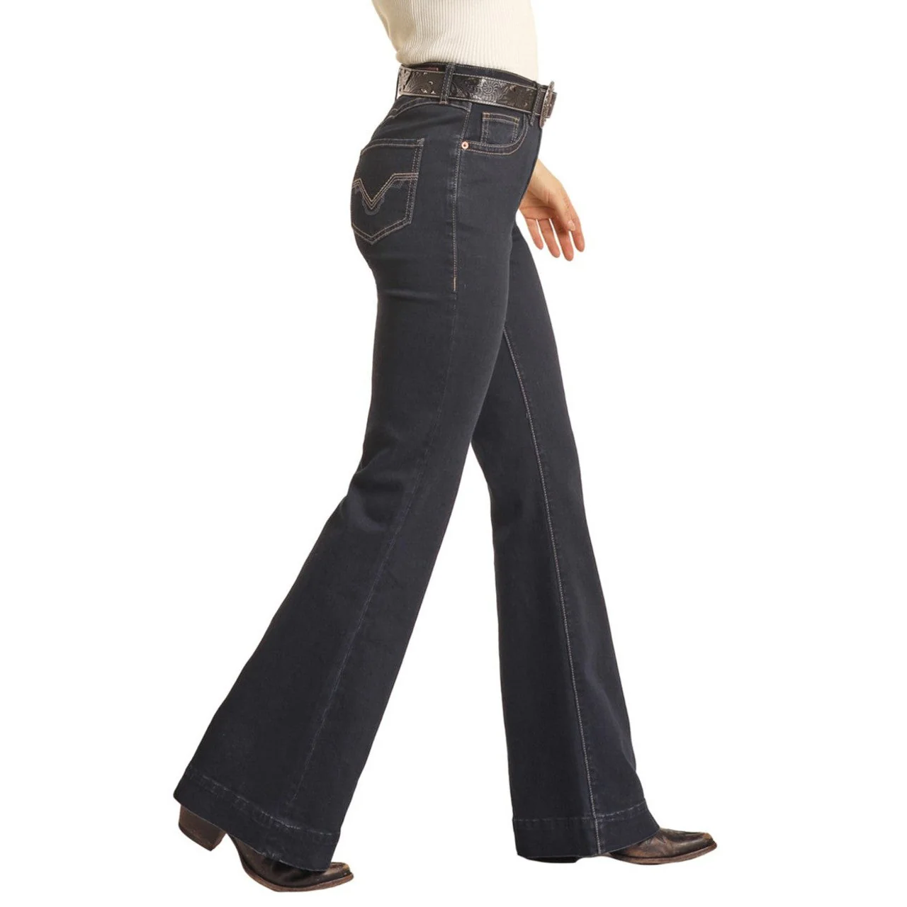 Rock & Roll Women's Mid Rise Stretch Scallop Back Yoke Trouser Jeans - Dark Wash - Image 3