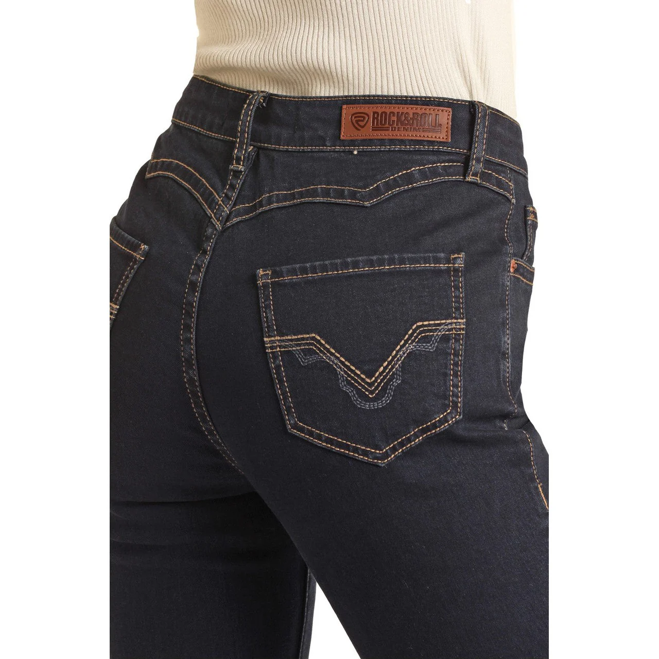 Rock & Roll Women's Mid Rise Stretch Scallop Back Yoke Trouser Jeans - Dark Wash - Image 4