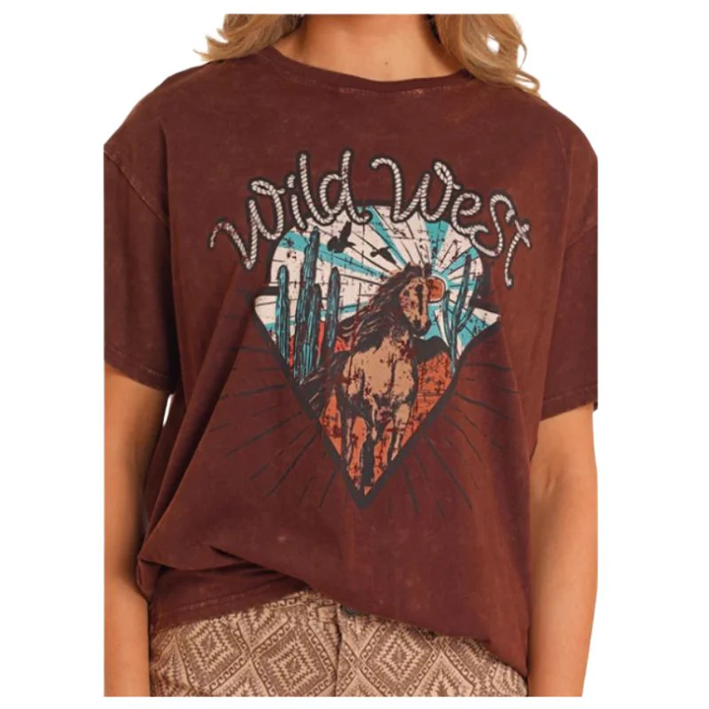 Rock & Roll Women's Short Sleeve Oversize Graphic Tee Shirt- Dark Brown - Image 2