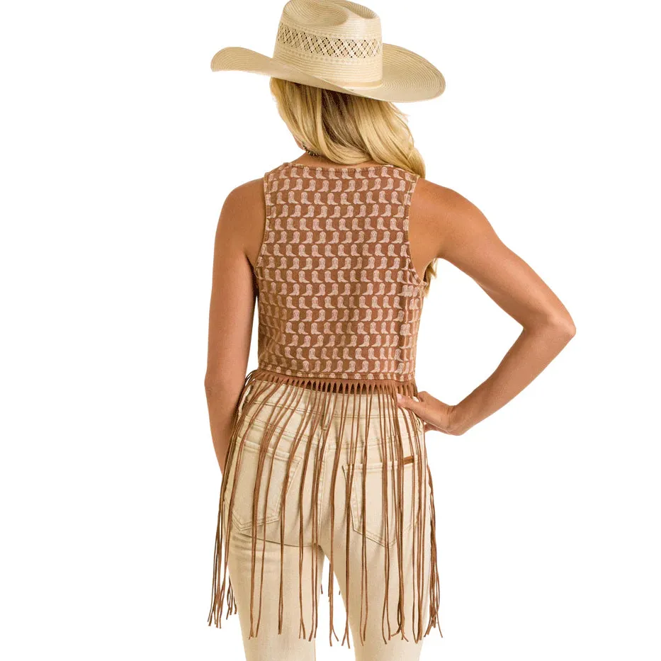 Rock & Roll Women's Sleeveless Boot Print Fringe Top- Brown - Image 2