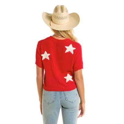 Rock & Roll Women's Cropped Star Sweater Tee- Red - Image 2