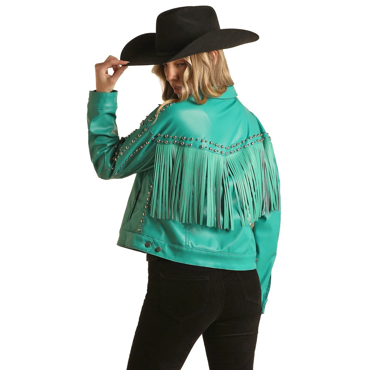 Rock & Roll Women's Studded Leather Fringe Jacket - Peacock - Image 2