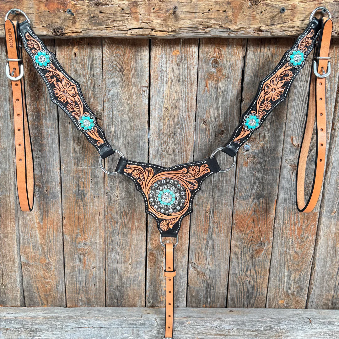 Rodeo Drive 2 Tone Floral Triangle Browband 1 Ear Breastcollar Tack Set Breastcollar ONLY - Turquoise/Clear