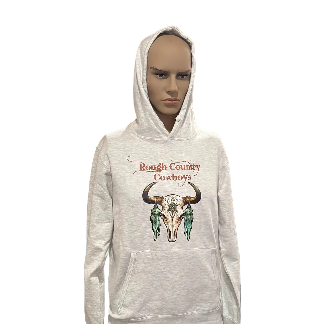Rough Country Cowboys Unisex Long Sleeve Cow skull  Hoodie- Grey - Image 2