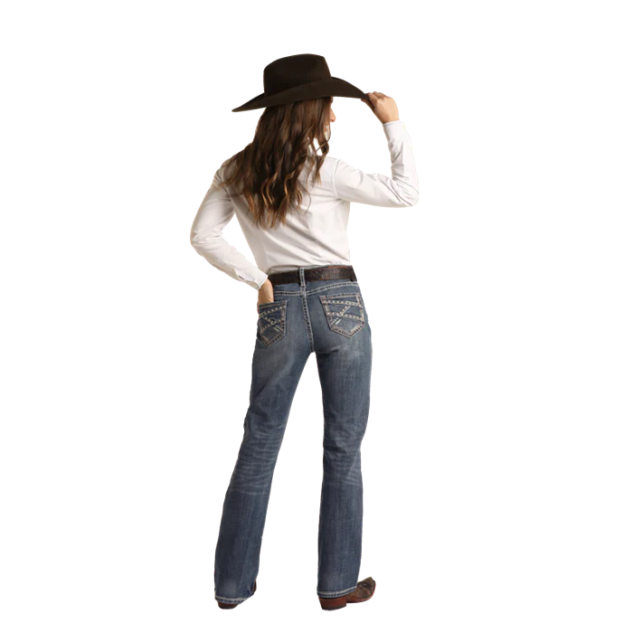 **Rock & Women's Ivory/Khaki Embroidery Riding Jeans - Medium Vintage