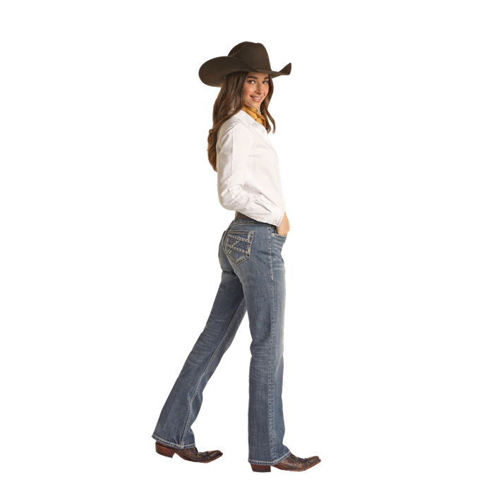 **Rock & Women's Ivory/Khaki Embroidery Riding Jeans - Medium Vintage - Image 2
