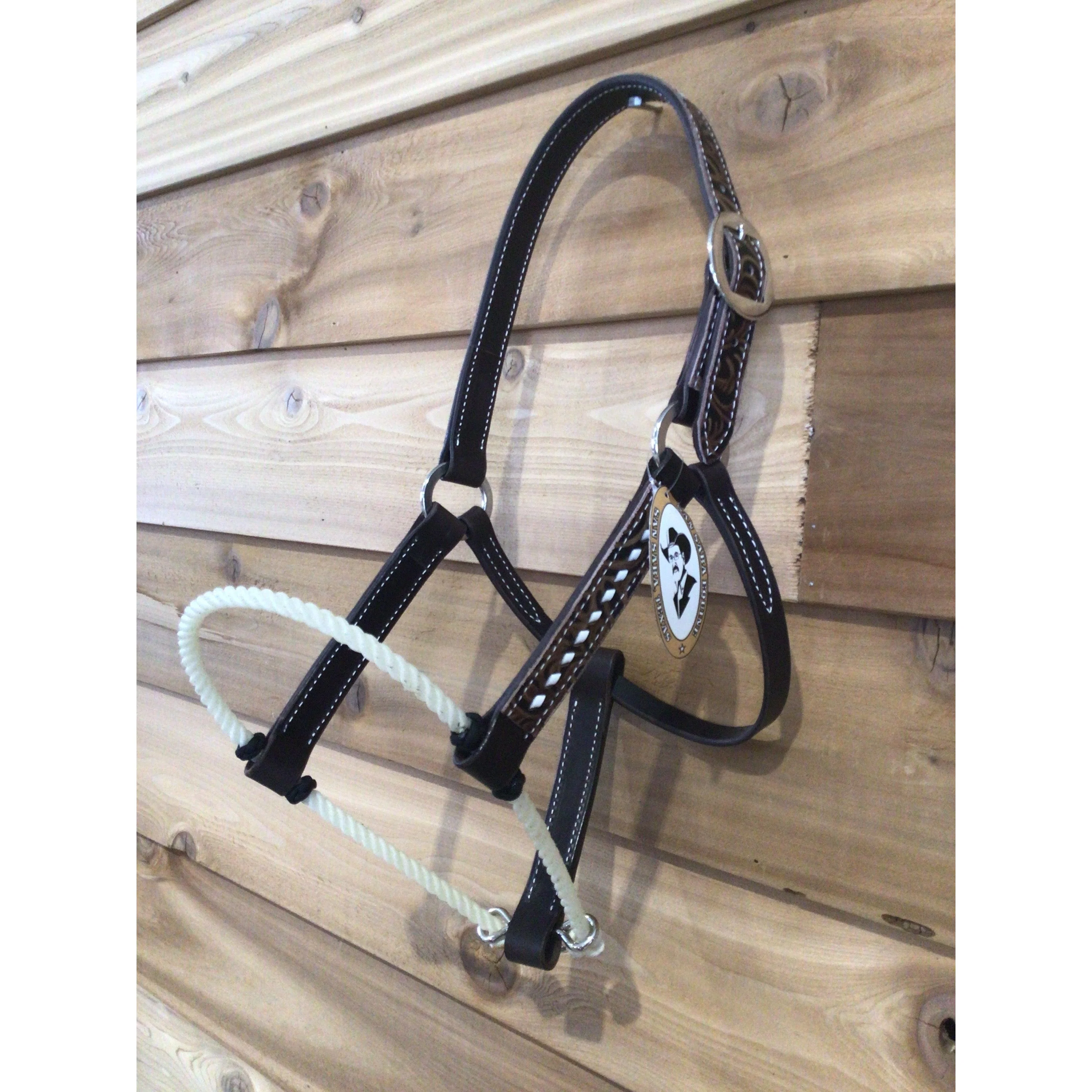 San Saba 1" Harness Leather Halter w/ Rope Nose -Gator & Buckstitch - Image 2