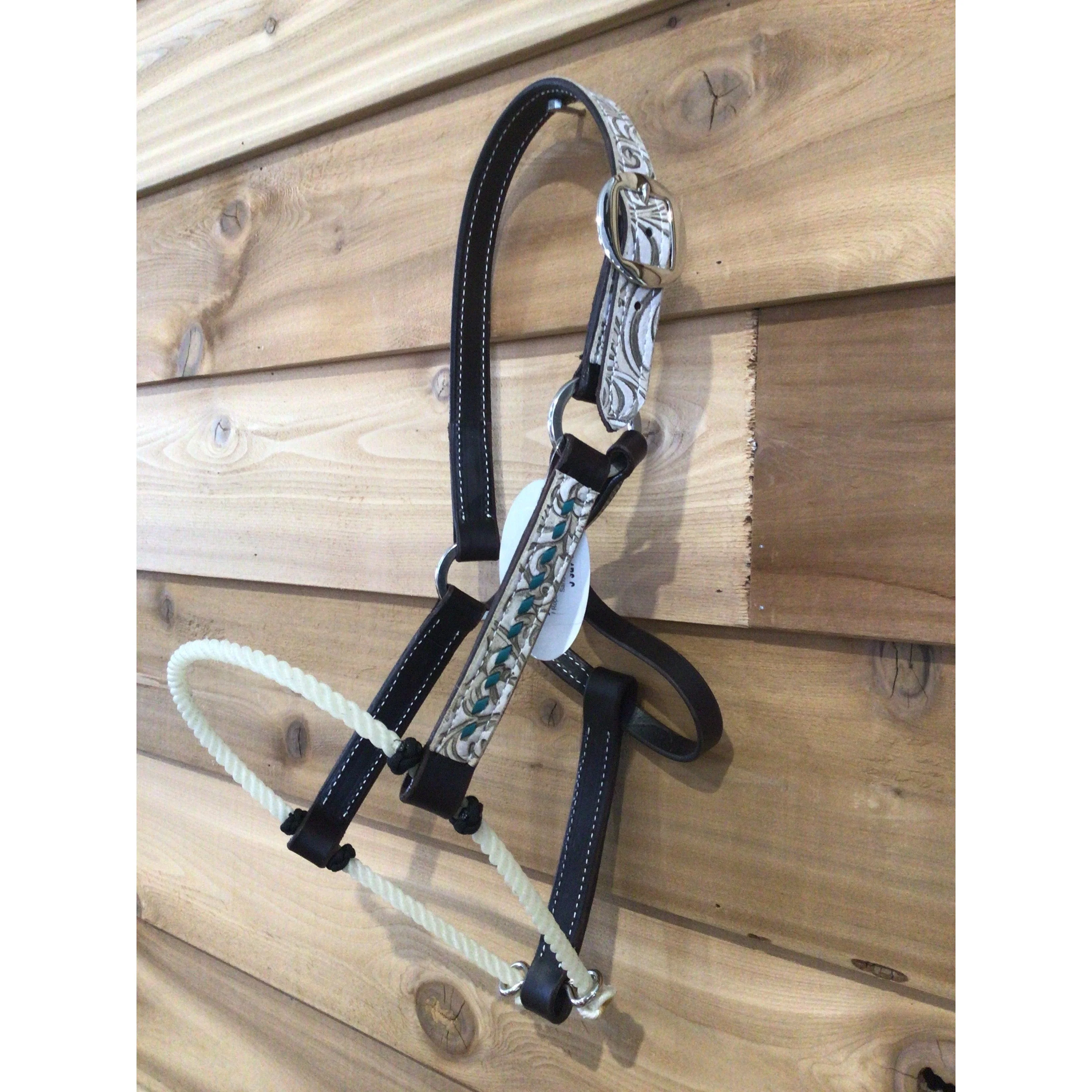 San Saba 1" Harness Leather Halter w/ Rope Nose -Gator & Buckstitch - Image 3