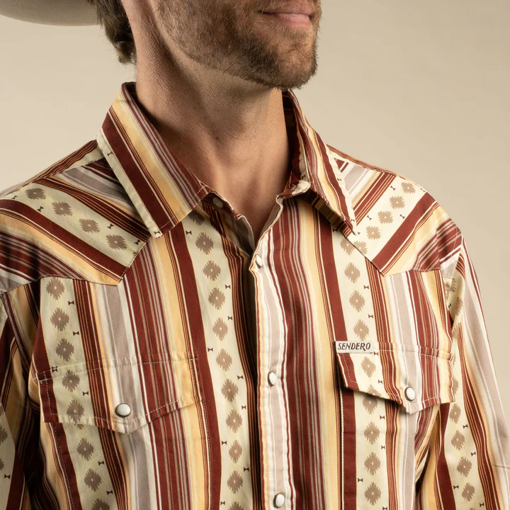 Sendero Men's The Wyatt Pearl Snap Long Sleeve Serape Shirt - Maroon/Clay - Image 2