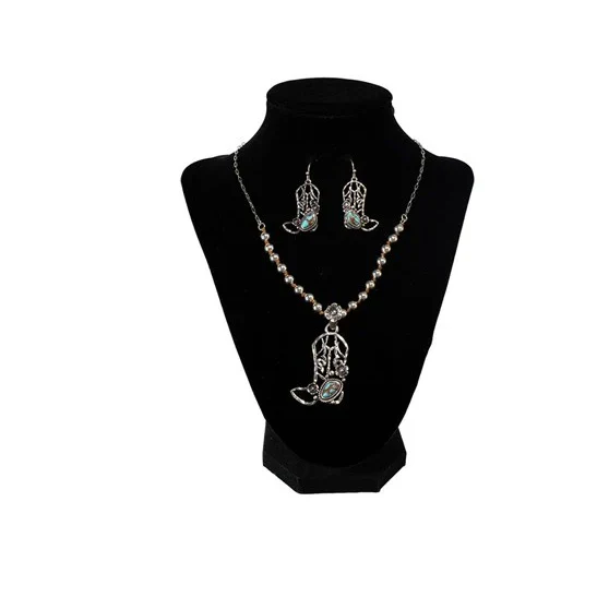 Silver Strike Cowboy Boot Necklace and Earring Set- Turquoise