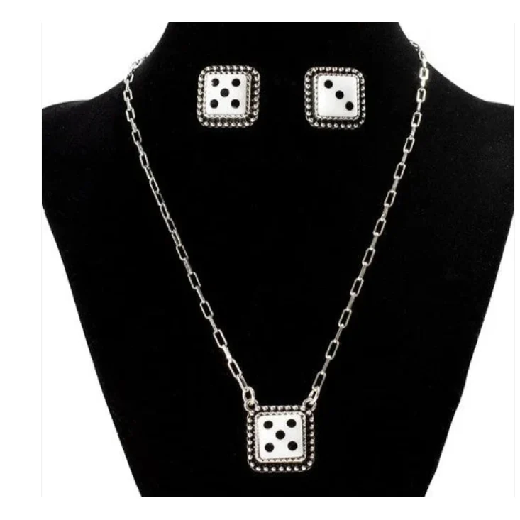 Silver Strike Dice Necklace and Earring Set- Black/White