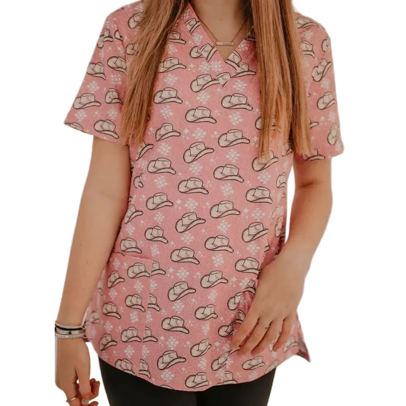 Spurrin' Scrubs Pink Cowboy Hat Scrub Top