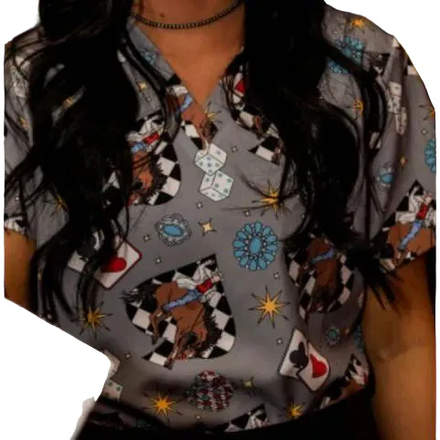 Spurrin' Scrubs Vegas Cowboy Scrub Top - Grey - Image 2