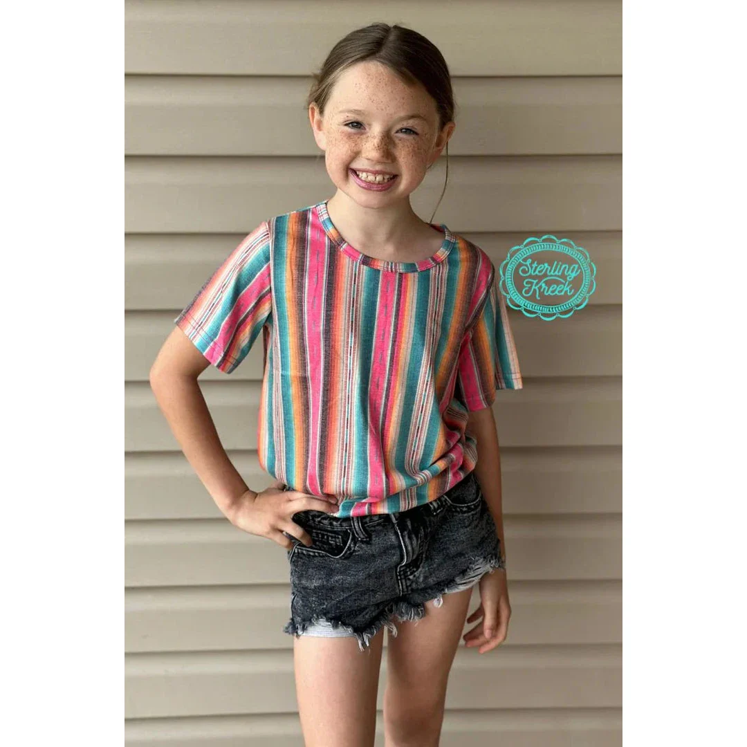 Sterling Kreek Girl's Mini Serape Summer T-Shirt - Pink & Turquoise - Image 2