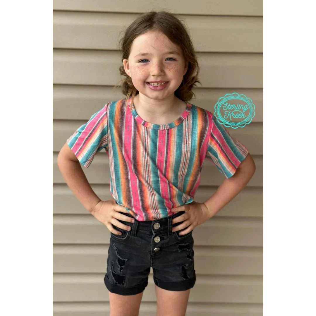 Sterling Kreek Girl's Mini Serape Summer T-Shirt - Pink & Turquoise - Image 3