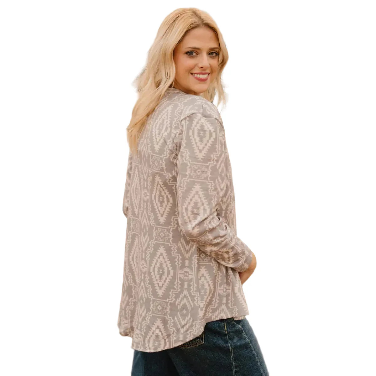 Sterling Kreek Women's Long Sleeve Smoke over Sand Aztec Pattern Cardigan - Cream - Image 2