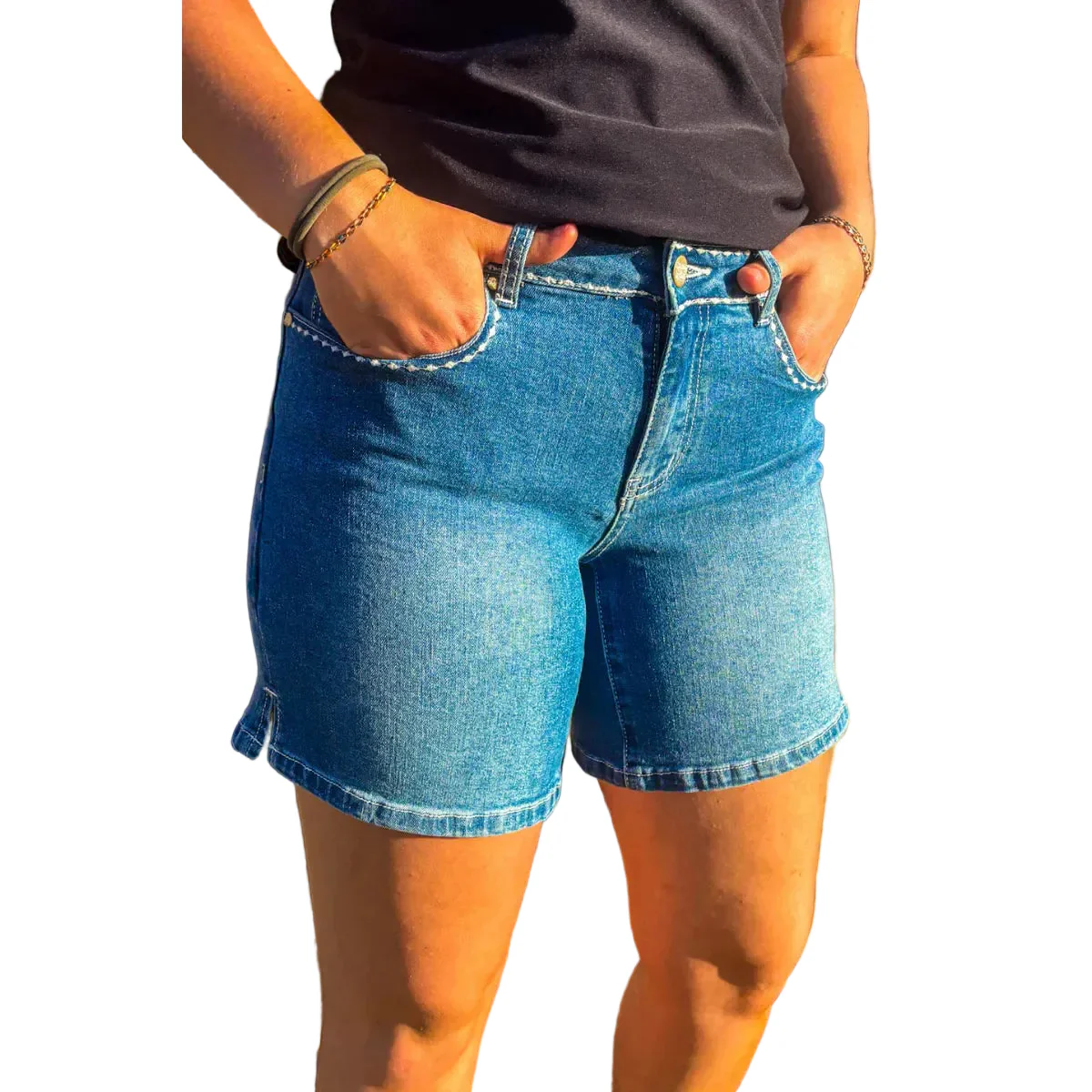 Sterling Kreek Women's Stitched Denim Long Shorts - Blue
