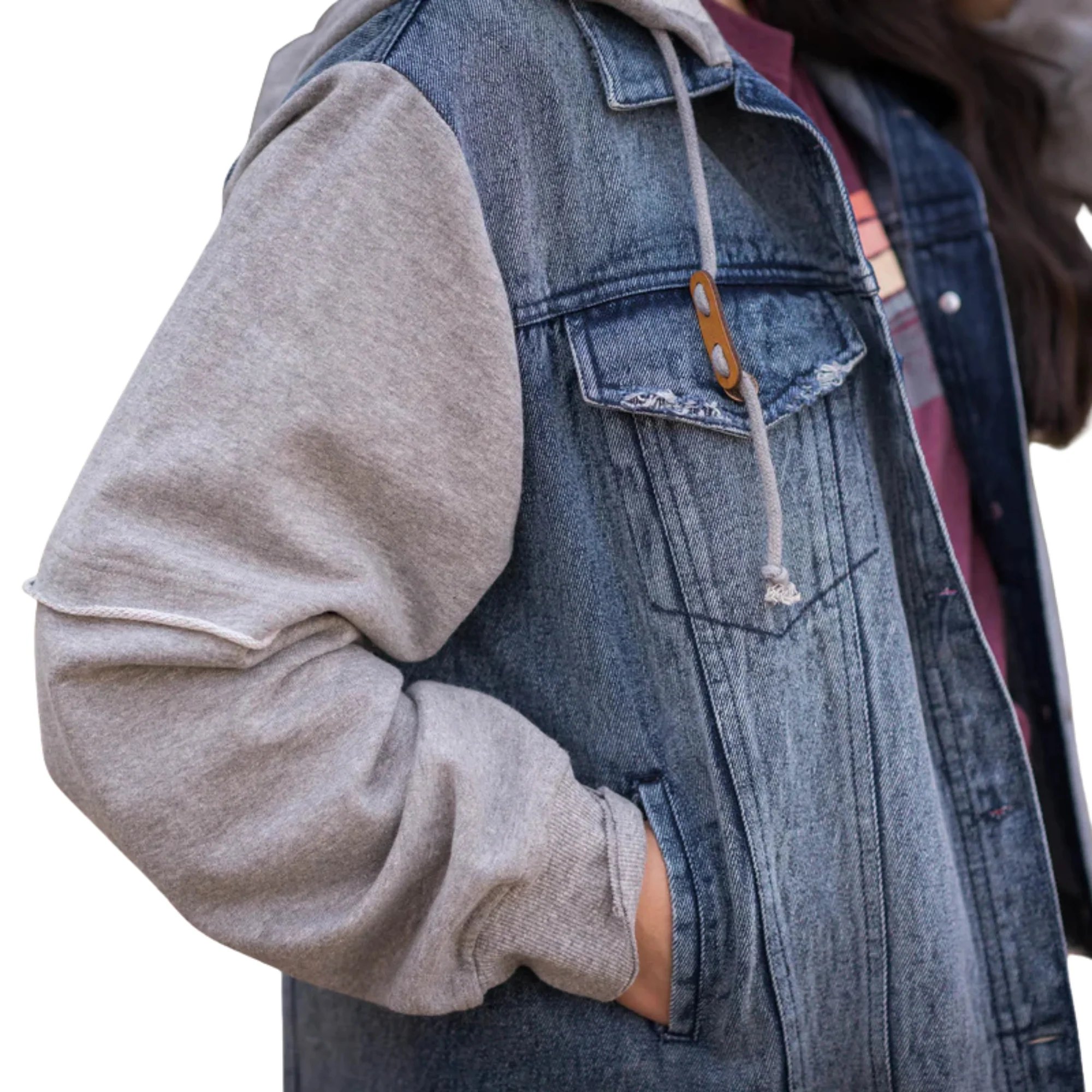 STS Ladies Cassie Jo Denim Jacket with Grey Knit Sleeves - Blue/Grey - Image 3